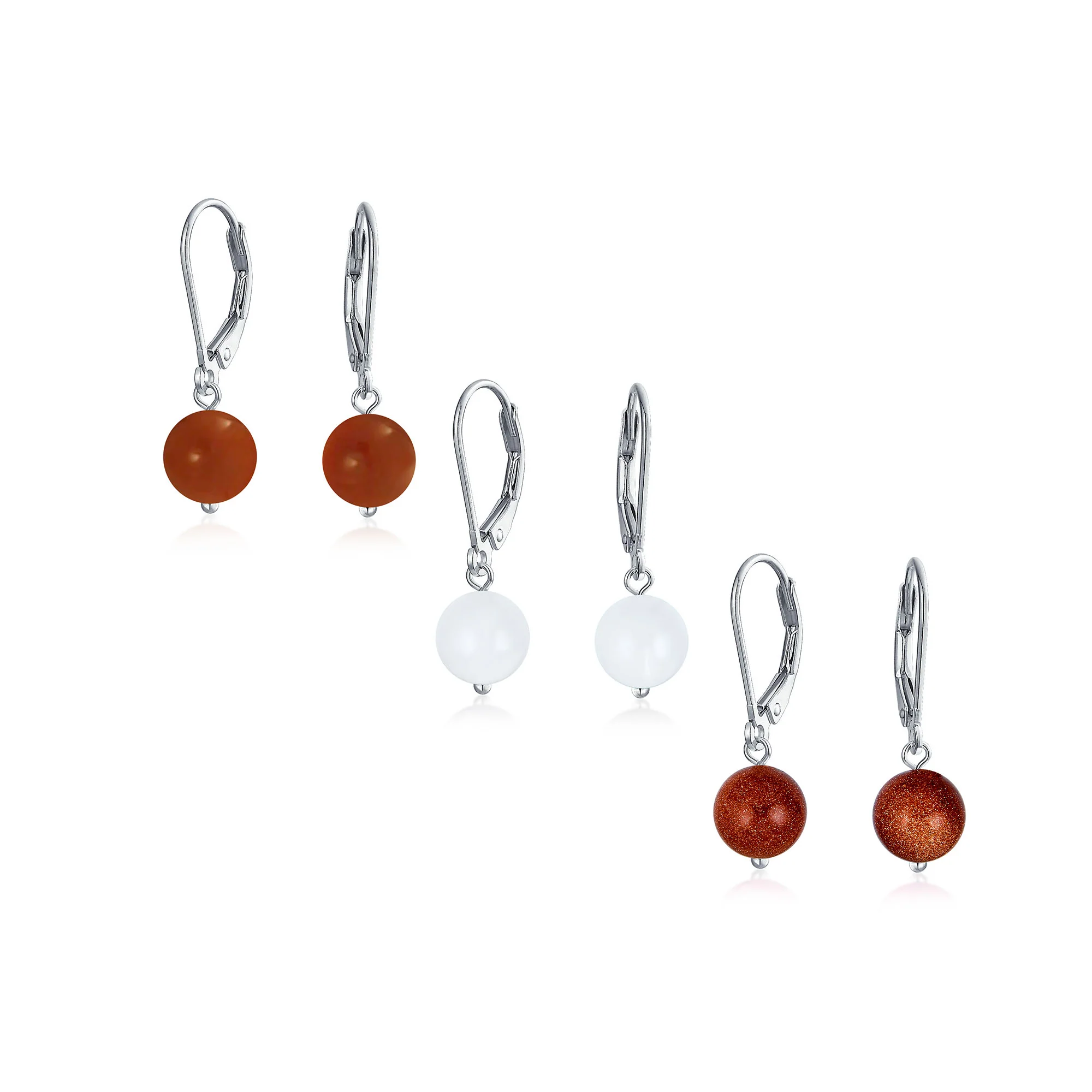 Set of 3 Simple Natural Stone 8MM Ball Drop Earrings Sterling Silver Leverback - Image 3