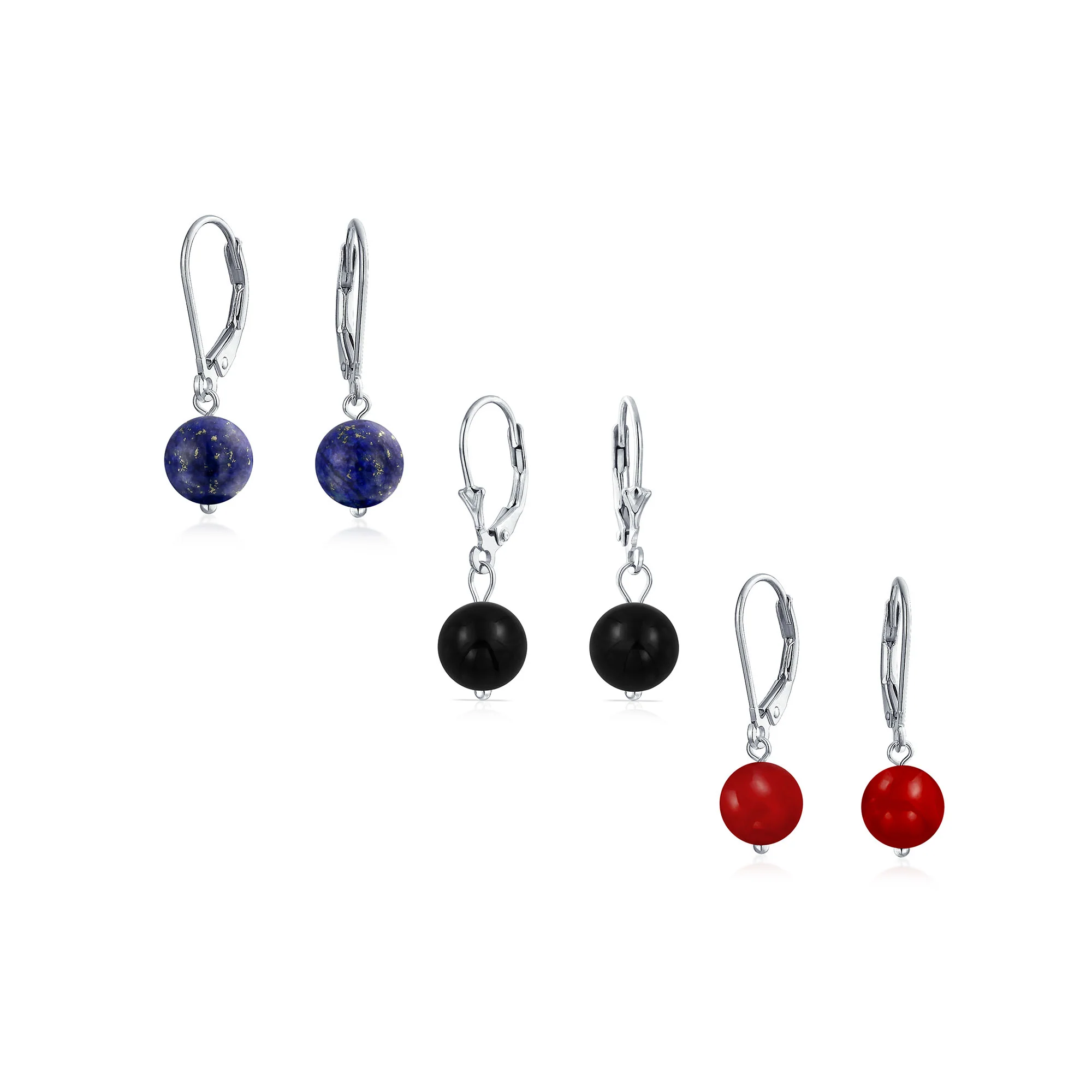 Set of 3 Simple Natural Stone 8MM Ball Drop Earrings Sterling Silver Leverback - Image 5