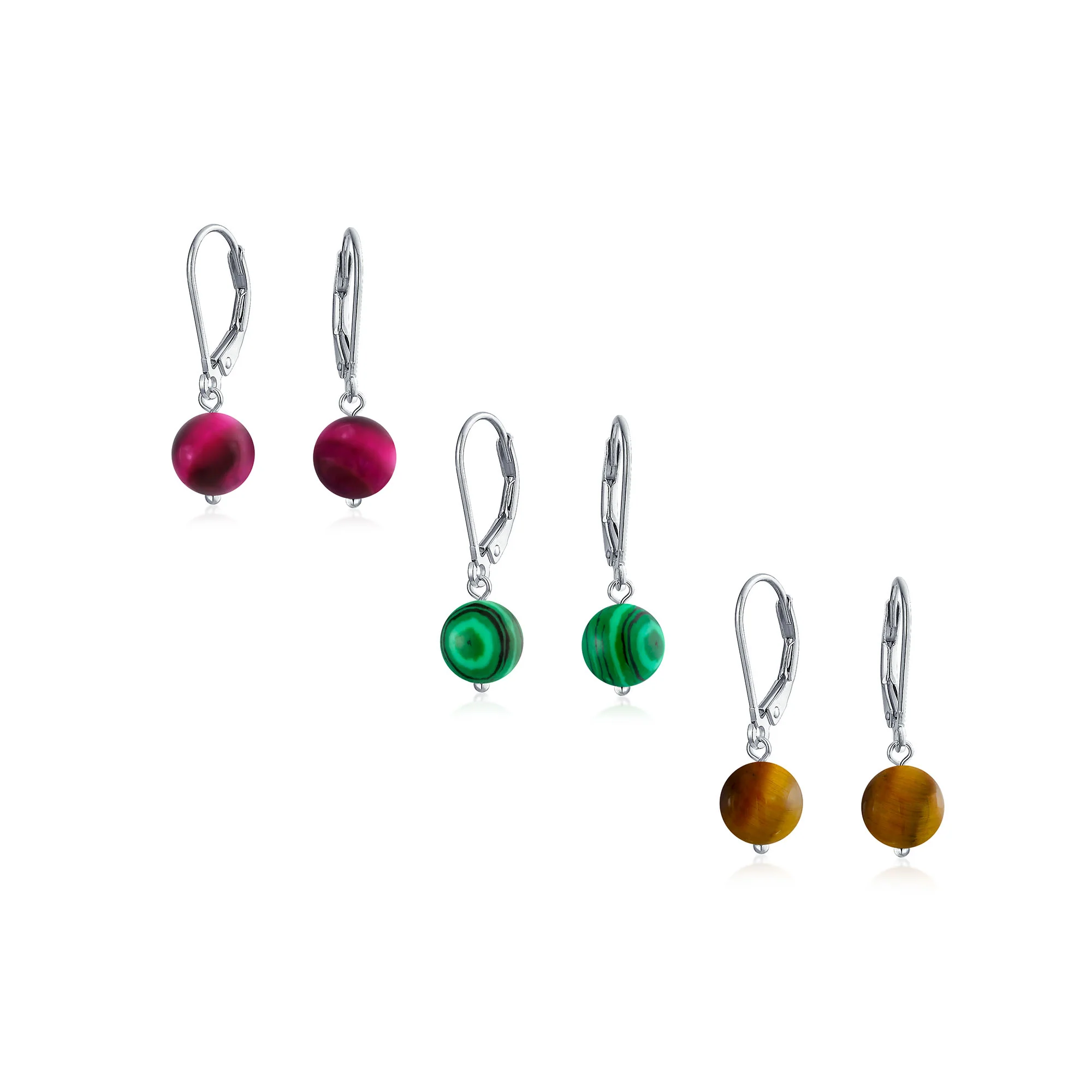 Set of 3 Simple Natural Stone 8MM Ball Drop Earrings Sterling Silver Leverback - Image 6