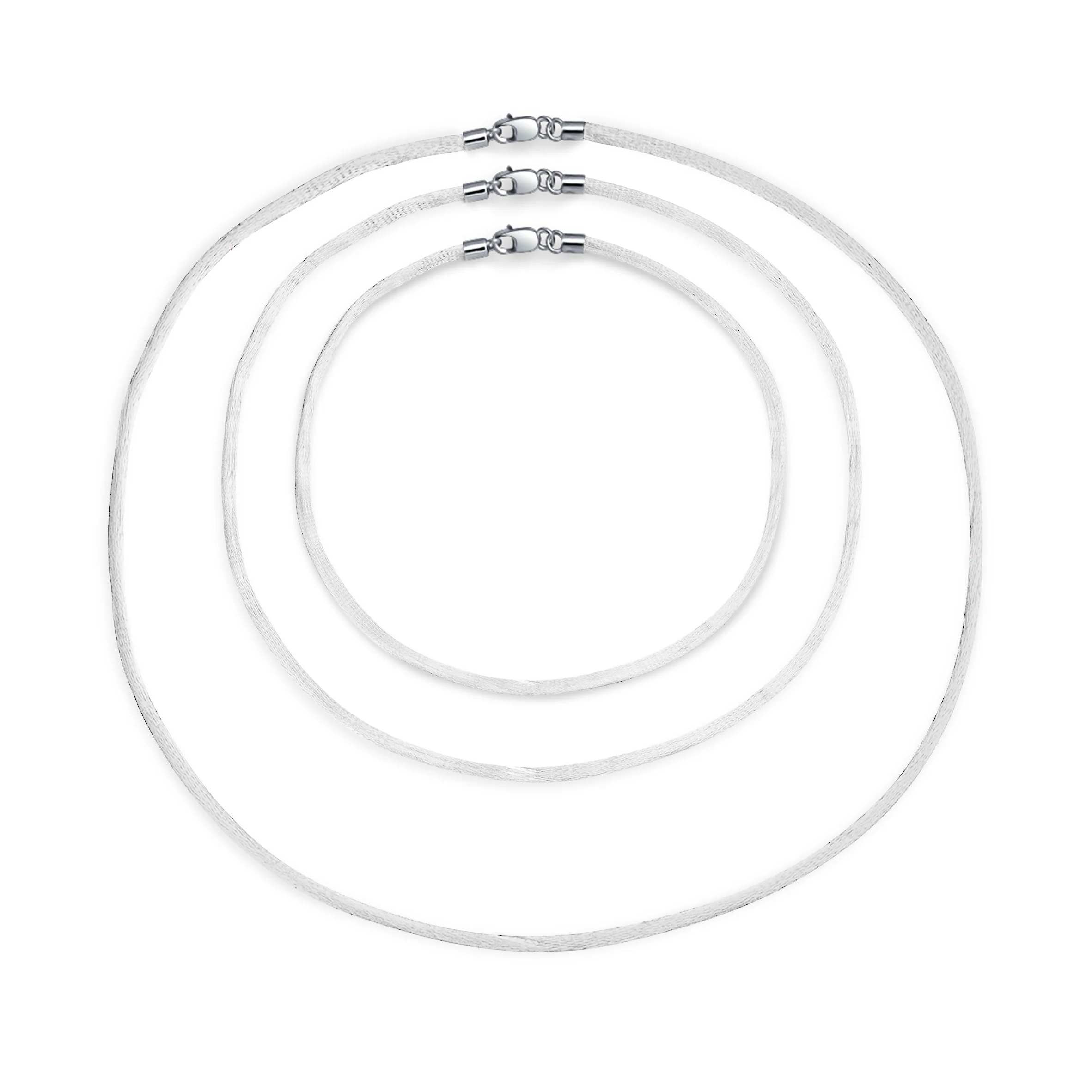 Set of 3 Soft Satin Silk Cord Necklace Sterling Silver Clasp Multiple Lengths