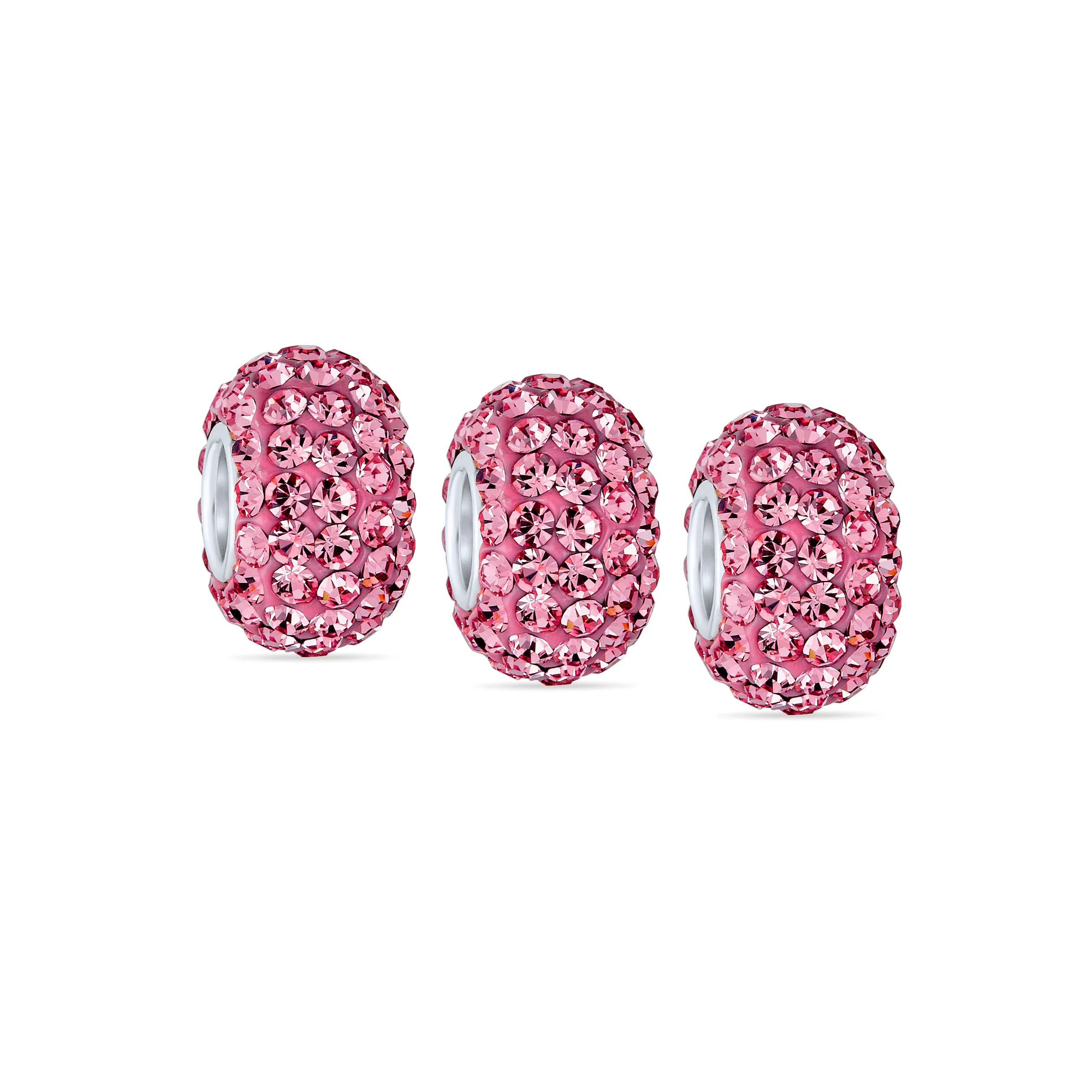 Set of 3 Solid Lilac Pink Pave Crystal Bead Charm Sterling Silver Core - Image 2