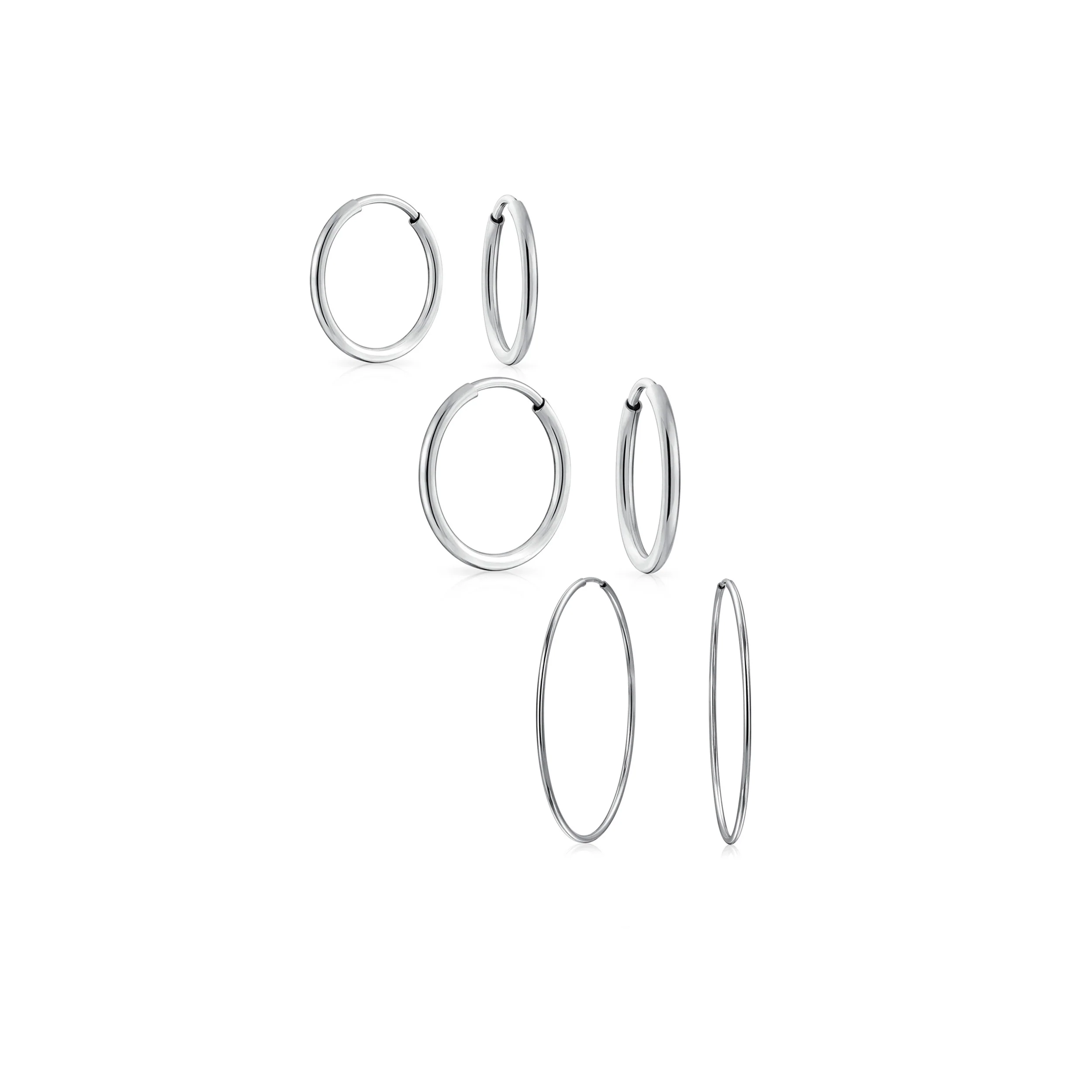 Set of 3 Thin Minimalist Hoop Huggie Earrings Sterling Silver 0.5, 0.75 & 1 Inch