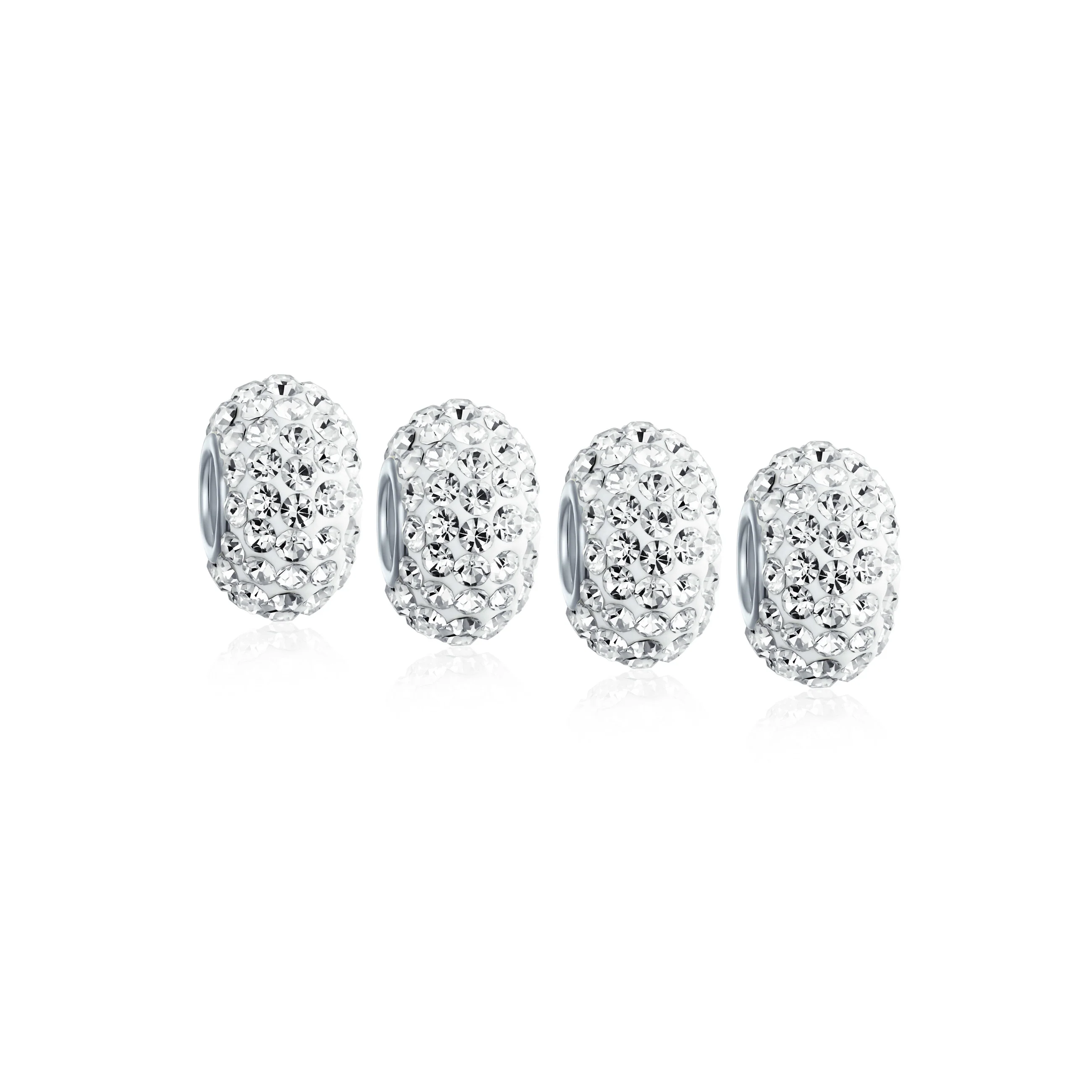 Set of 4 White Crystal Spacer Charm Bead .925 Sterling Silver Core
