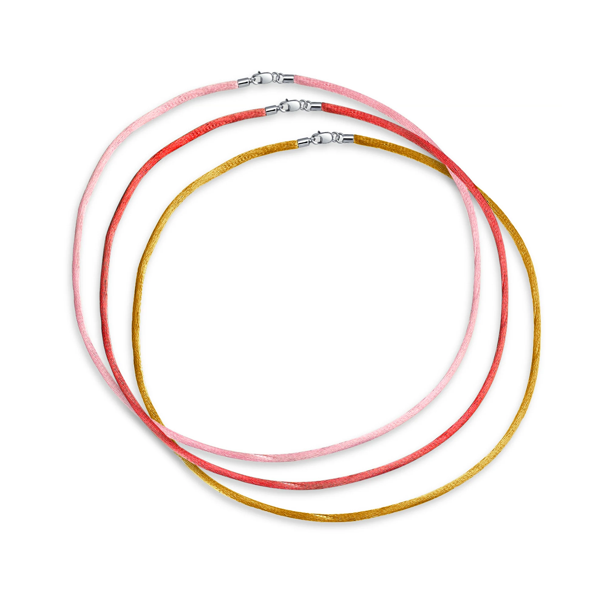 Set of Three Satin Cord Necklaces Pink Red Yellow 16 Inch with Silver Clasp