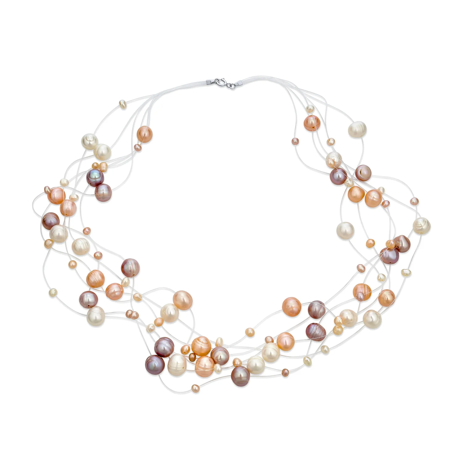 Multi Strand Pearl Illusion Necklace Pink Cream Freshwater Cultured Choker
