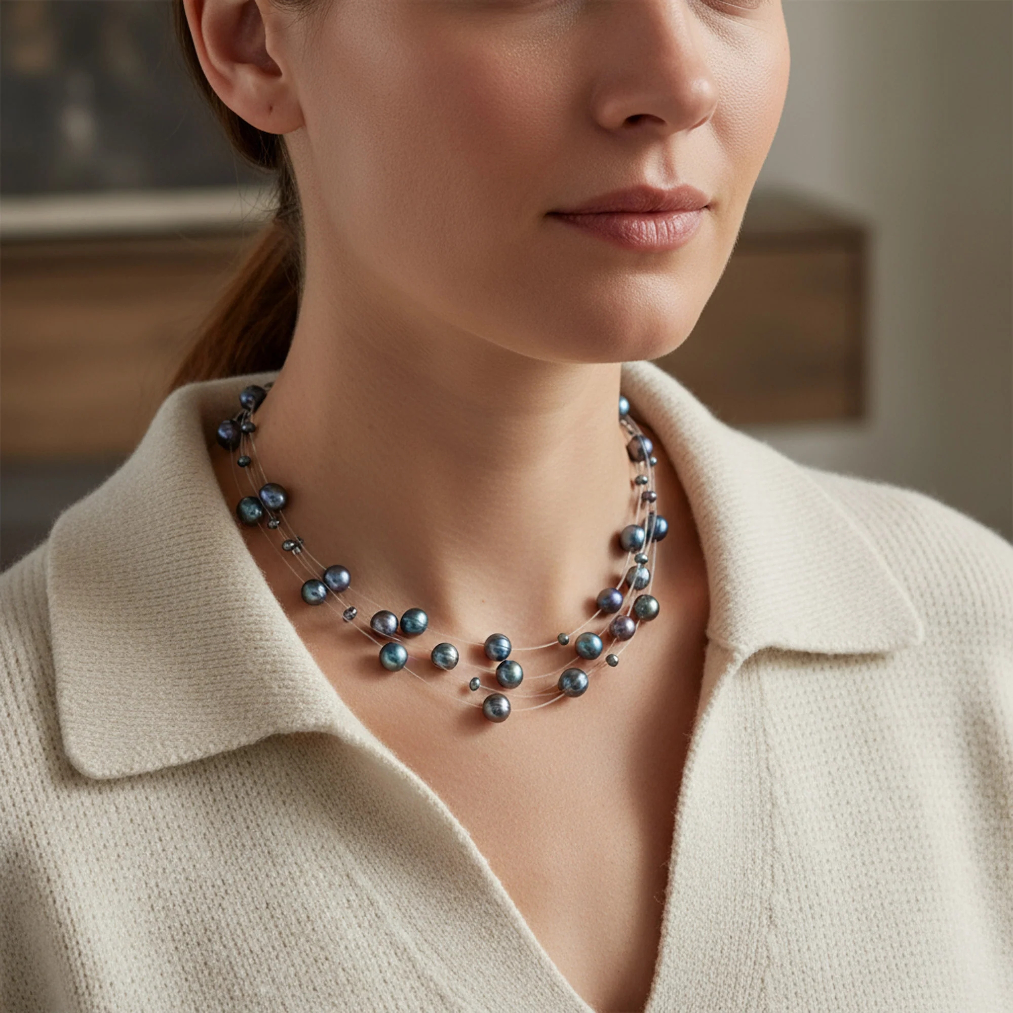 Multi Strand Pearl Illusion Necklace Pink Cream Freshwater Cultured Choker - Image 9