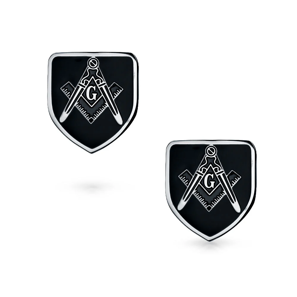 Shield Freemasons Compass Symbol Shirt Cufflink Black Enamel Silver Tone Steel - Image 2