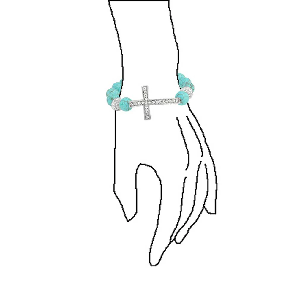Set of 2 Religious Cross Onyx Turquoise Crystal Stretch Bracelet Silver Plated - Image 3