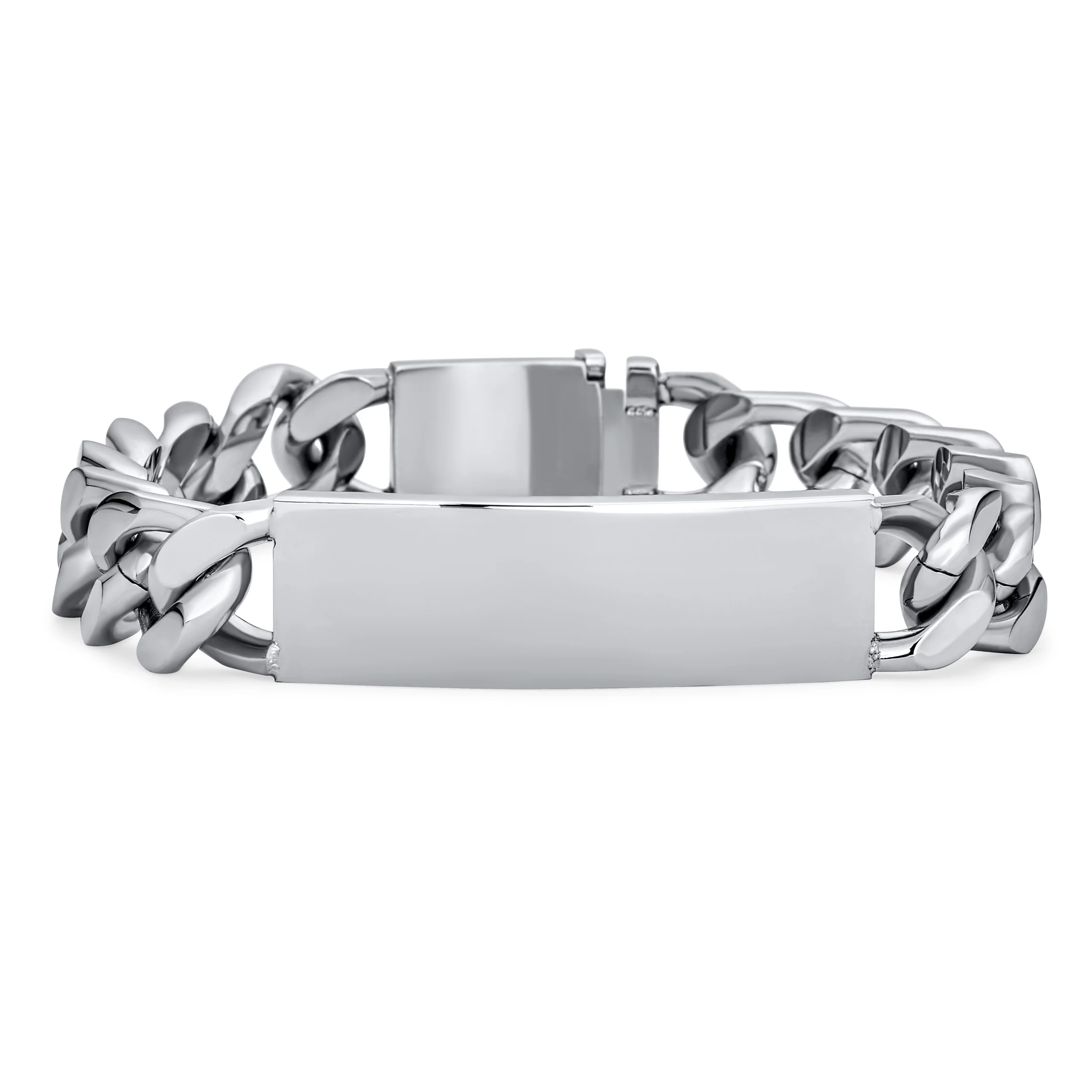 Solid Name Bar Plate Identification ID Bracelet Cuban Link Chain Stainless Steel