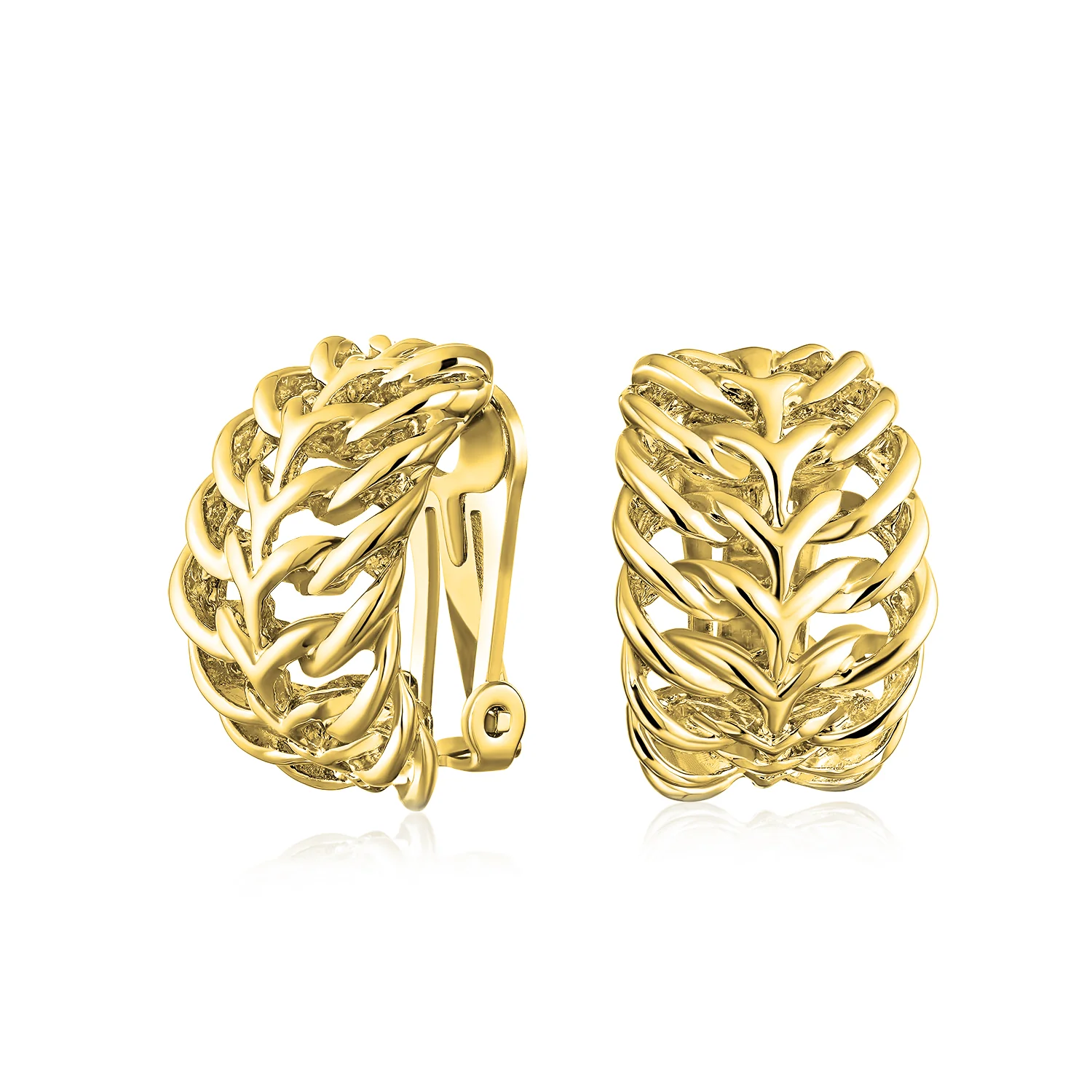 Open Weave Leaf Feather Motif Wide Half Hoop Clip On Earrings Non Pierced Ears