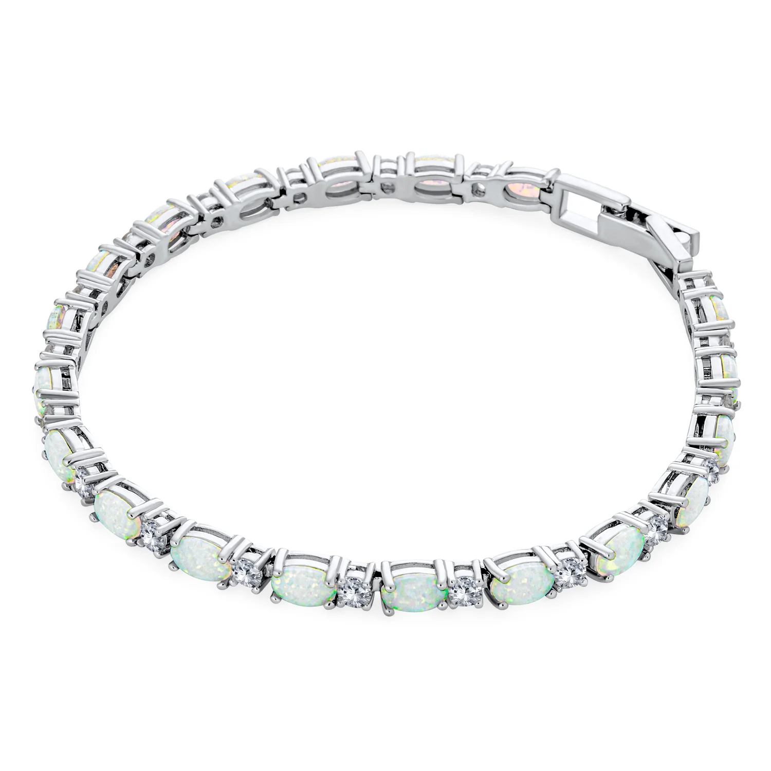 Solitaire Round Created Opal Tennis Bracelet Sterling Silver - Image 9