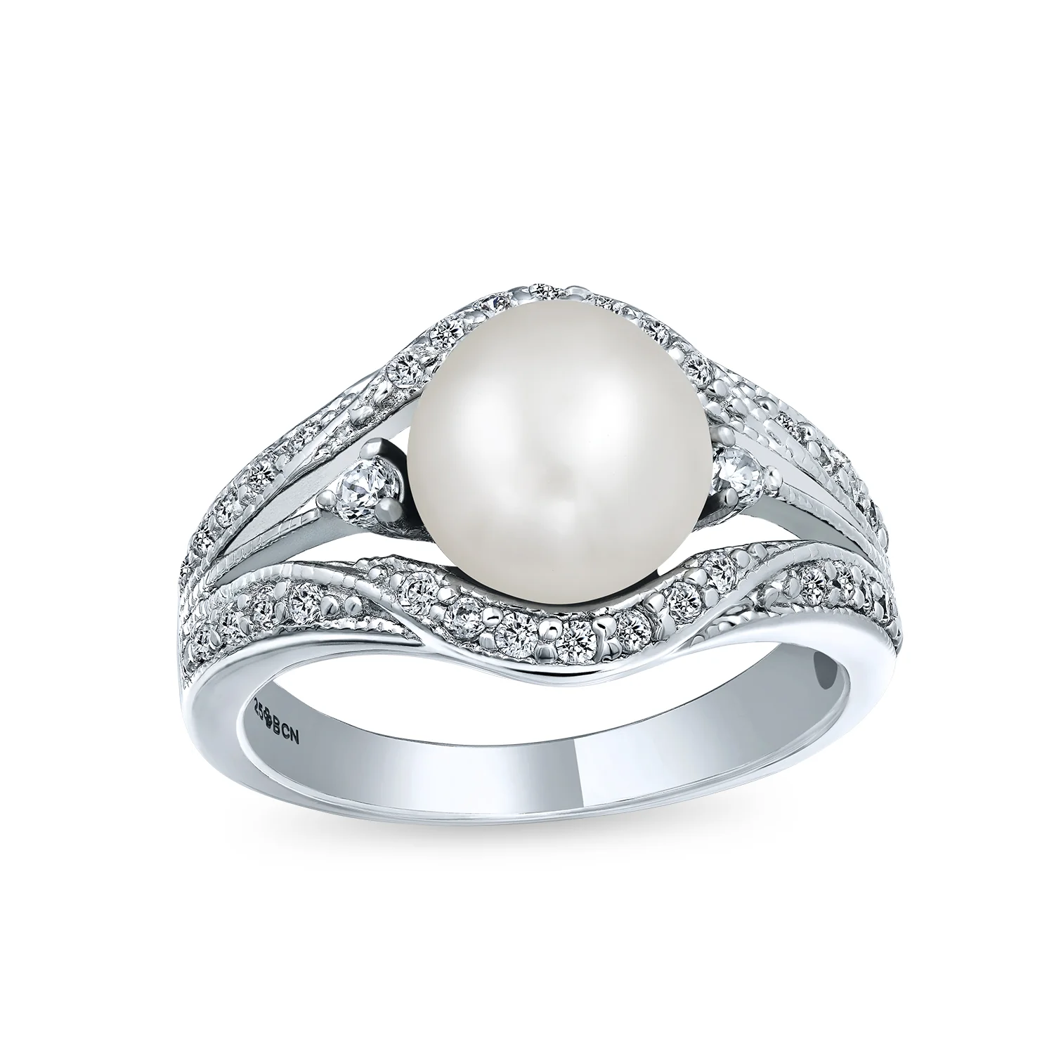 Art Deco Silver Ring Freshwater Pearl Pave Triple Split Band