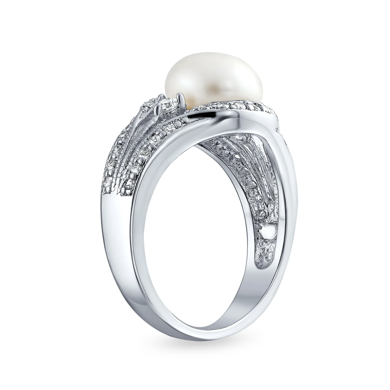 Art Deco Silver Ring Freshwater Pearl Pave Triple Split Band - Image 2