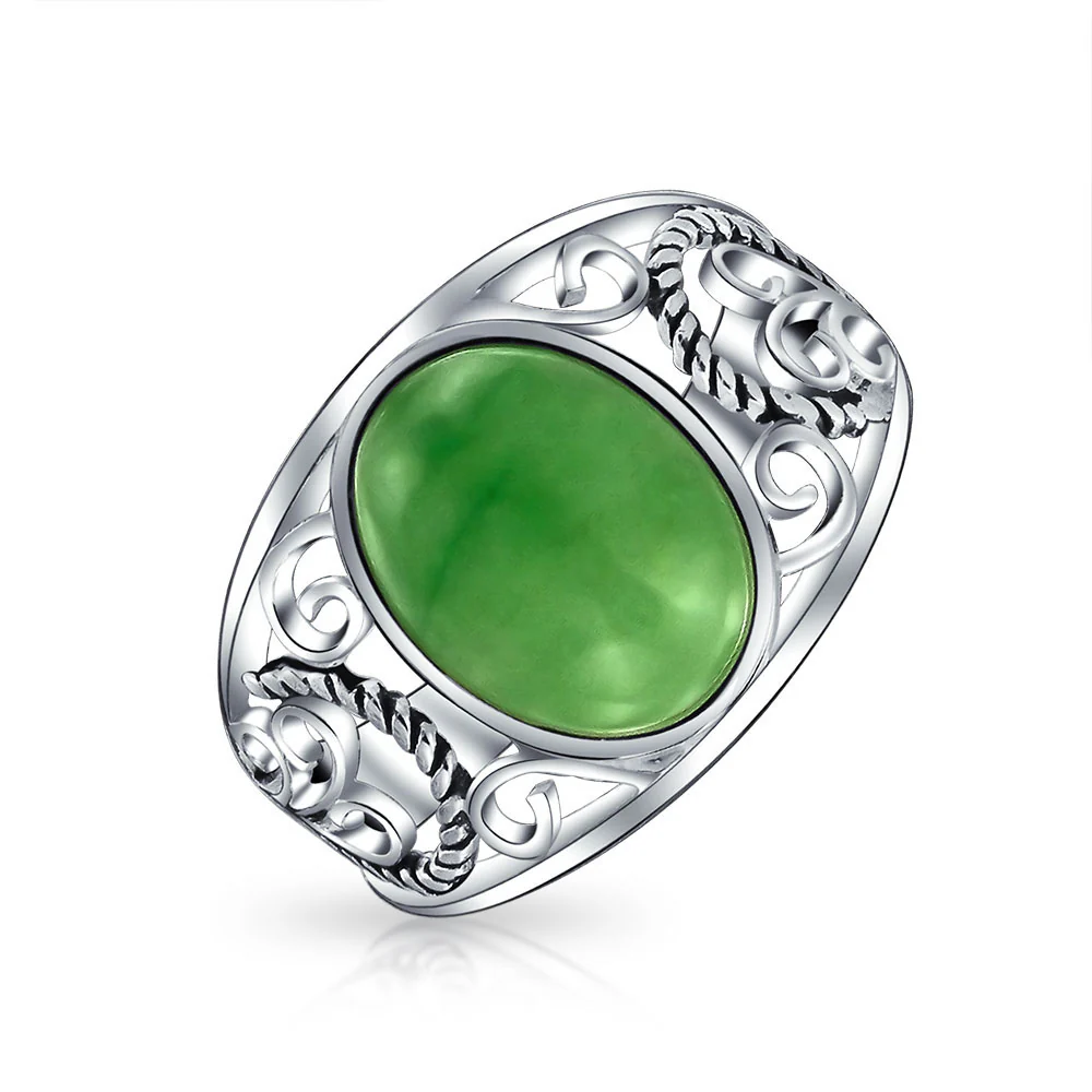 Boho Bali Silver Ring Green Jade Cabochon Filigree Design - Image 3