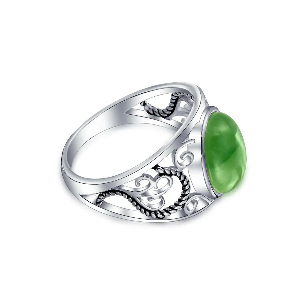 Boho Bali Silver Ring Green Jade Cabochon Filigree Design - Image 4