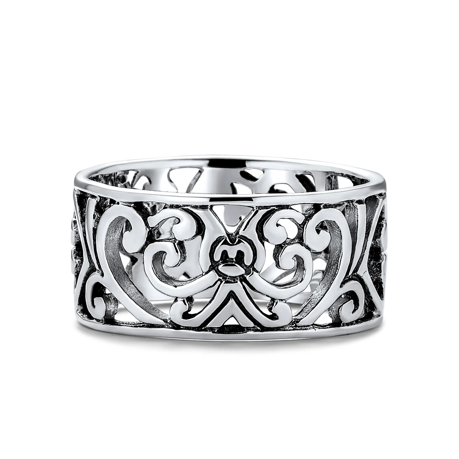 Bail Filigree Scroll Open Leaf Heart Motif Band Ring .925 Sterling Silver 8mm - Image 2