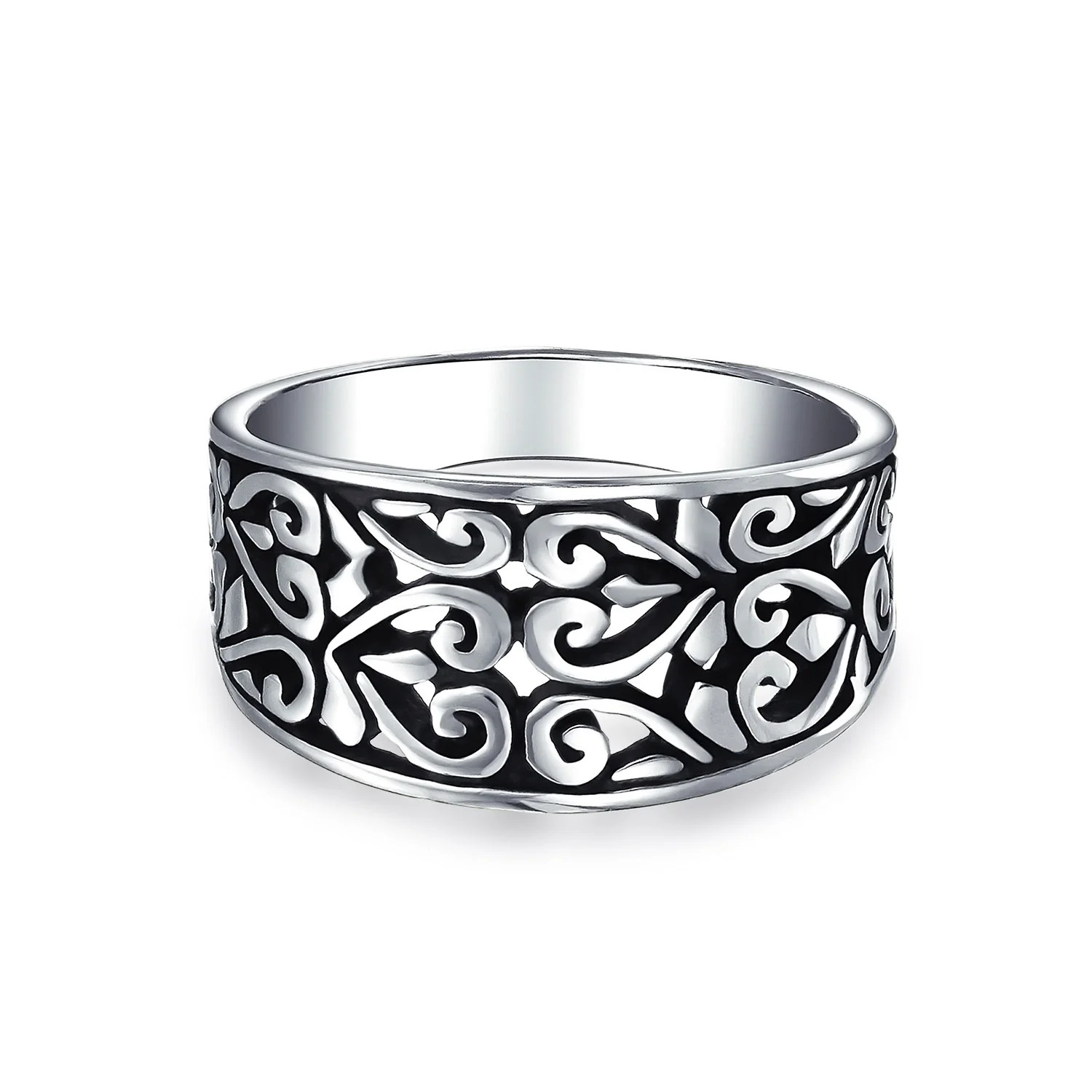 Vine Scroll Oxidized .925 Sterling Silver Open Swirl Leaf Heart Wide Band Ring 8MM - Image 2