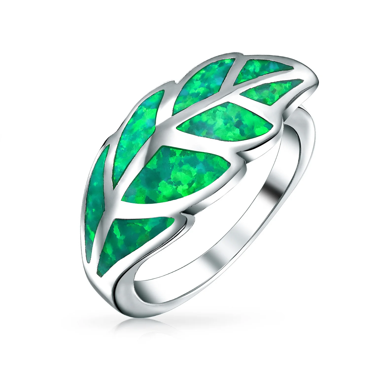 Nature Leaf Green Created Opal Leaf Band Ring .925 Sterling Silver