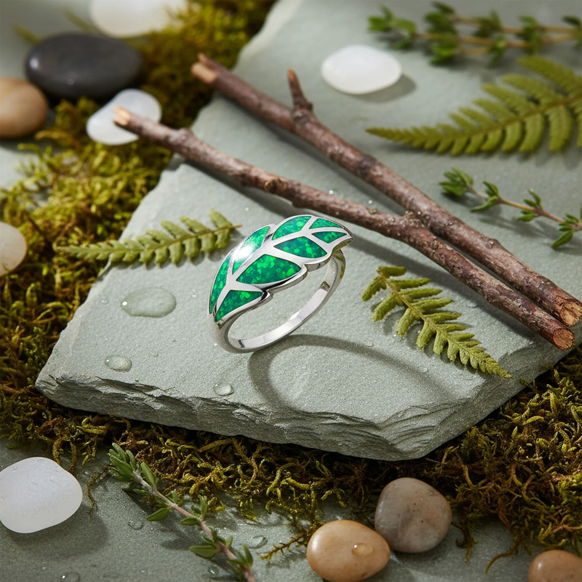 Nature Leaf Green Created Opal Leaf Band Ring .925 Sterling Silver - Image 3