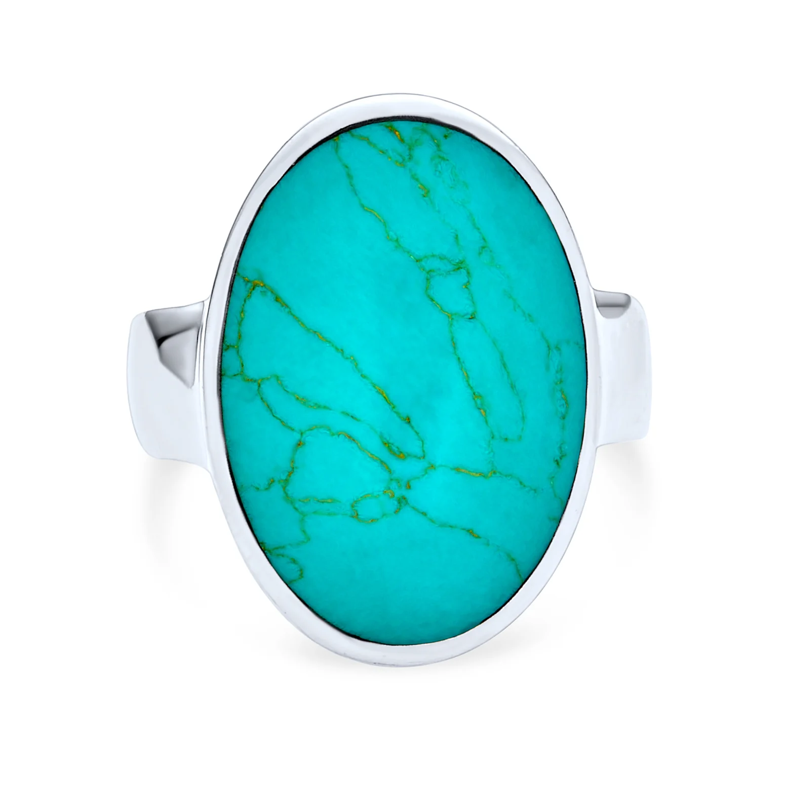 Southwest Large Oval Cabochon Natural Blue Turquoise Bezel Set Statement Ring .925 Sterling Silver