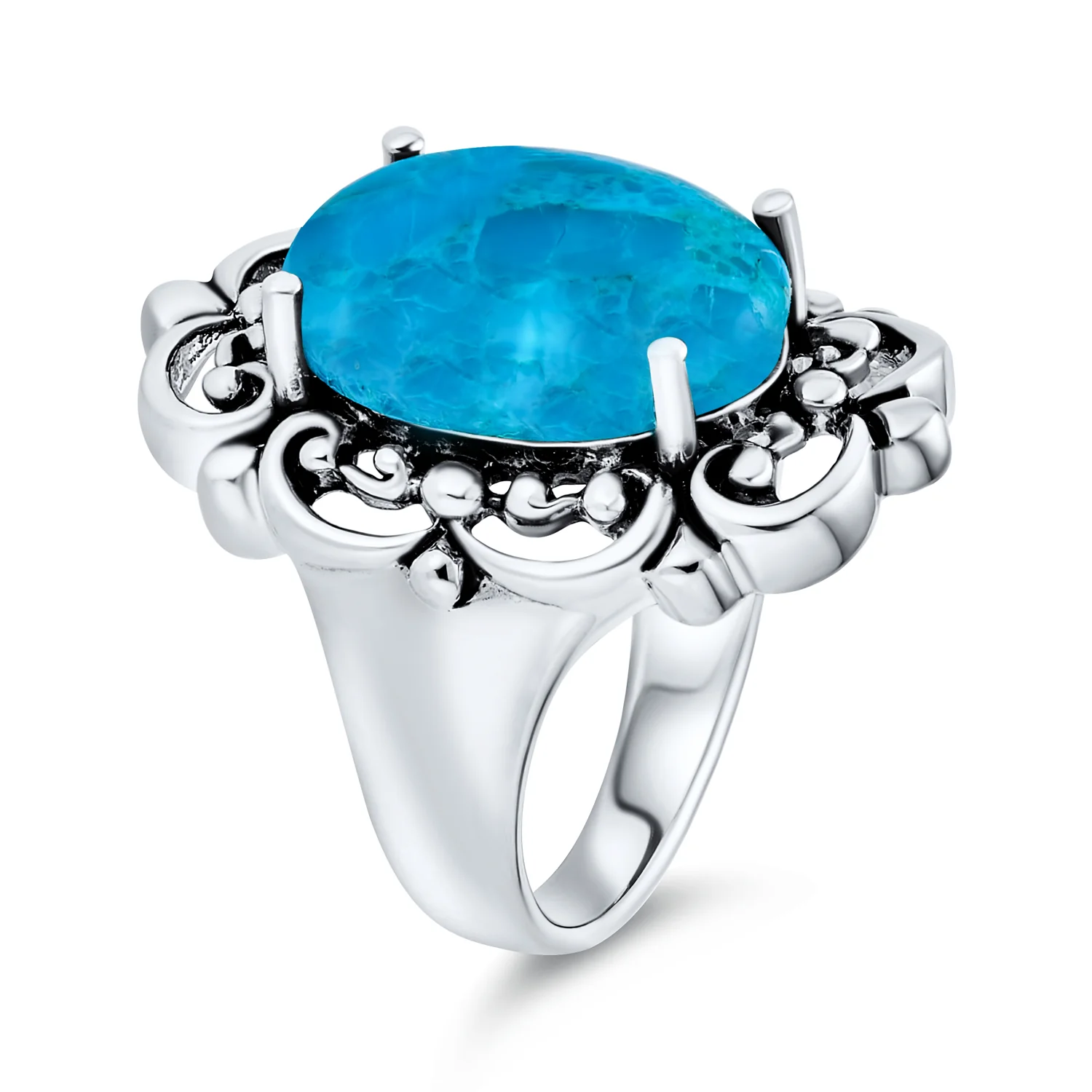 Western Style Filigree Oval Cabochon Full Finger Statement Blue Turquoise Ring Oxidized Sterling Silver - Image 2