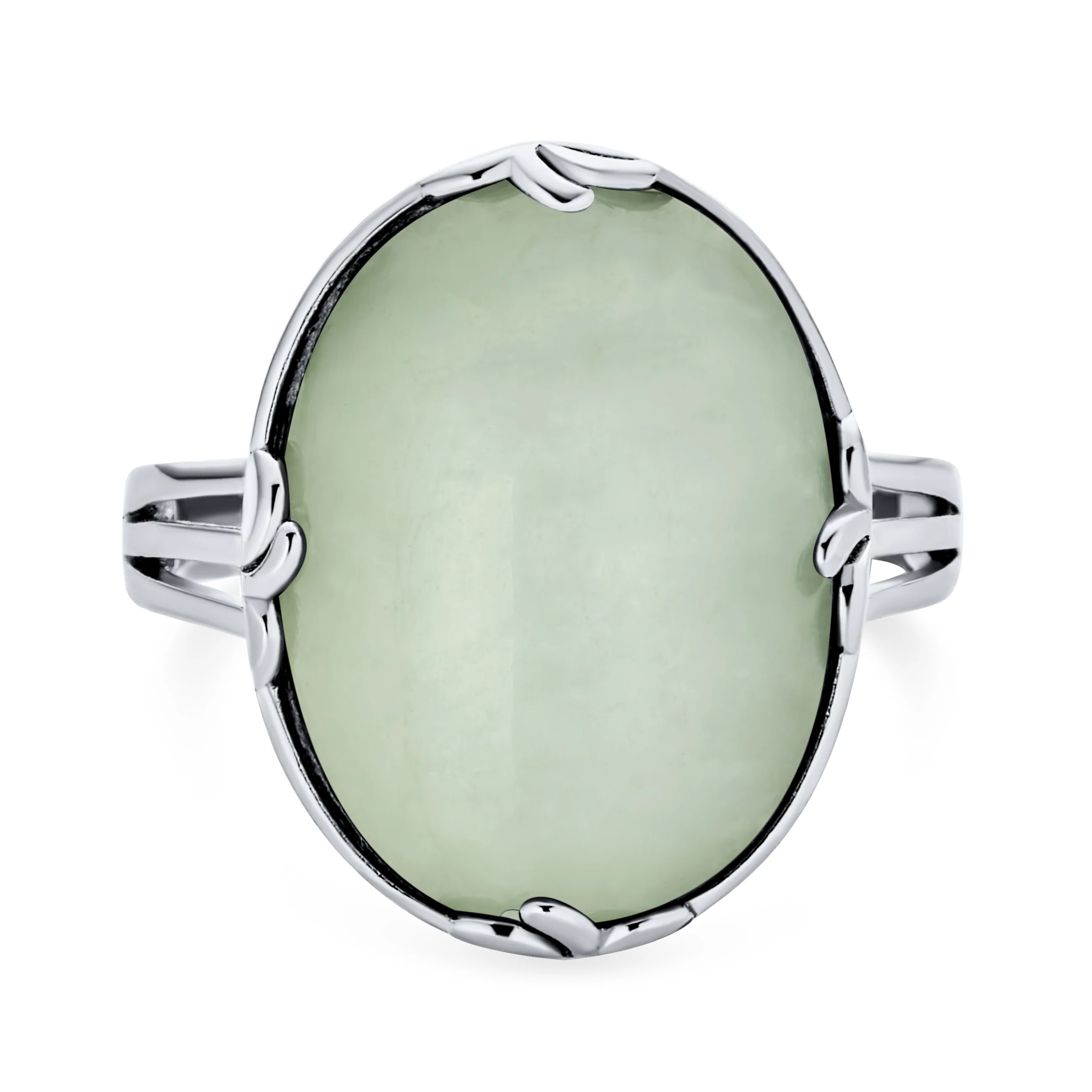 Fleur-de-Lis Filigree Setting Large Oval Green Jade Statement Ring .925 Sterling Silver