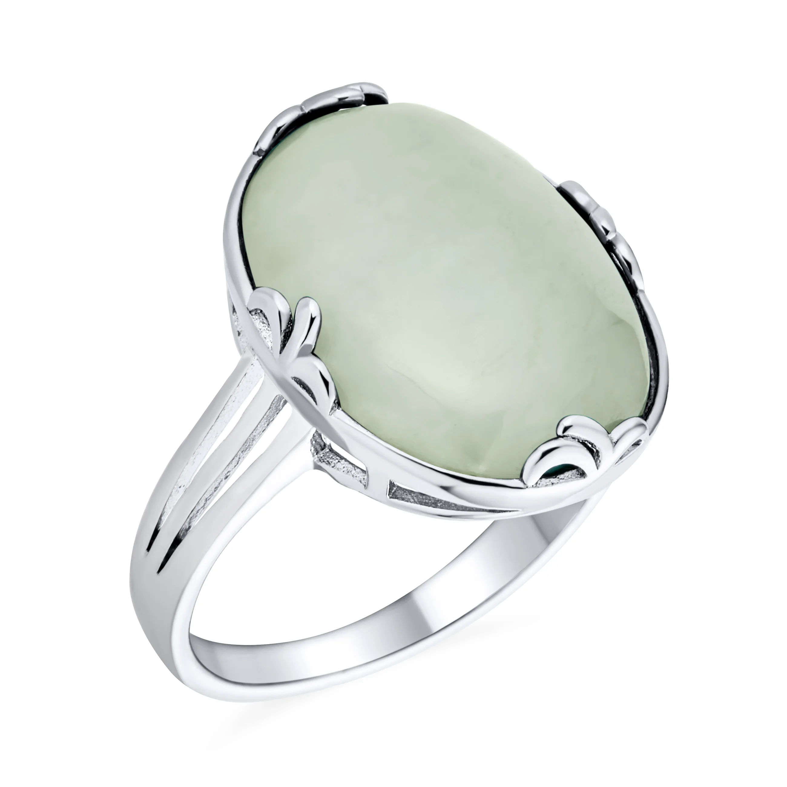 Fleur-de-Lis Filigree Setting Large Oval Green Jade Statement Ring .925 Sterling Silver - Image 3