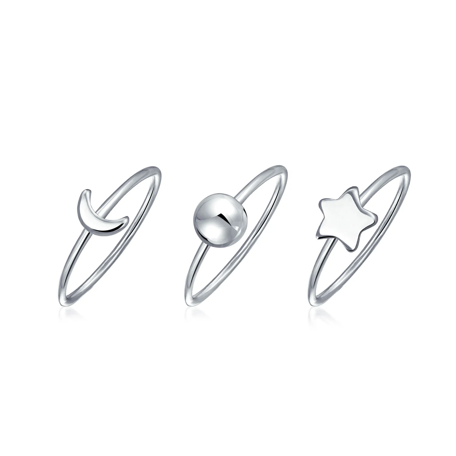 Set of 3 Minimalist Celestial Silver Sun Moon Star Knuckle Bands Ring Set