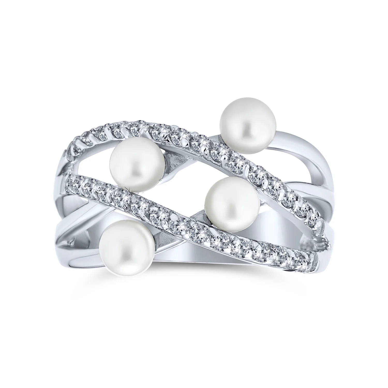 Crossover Criss Cross Silver Ring White Simulated Pearl Fashion Statement Style