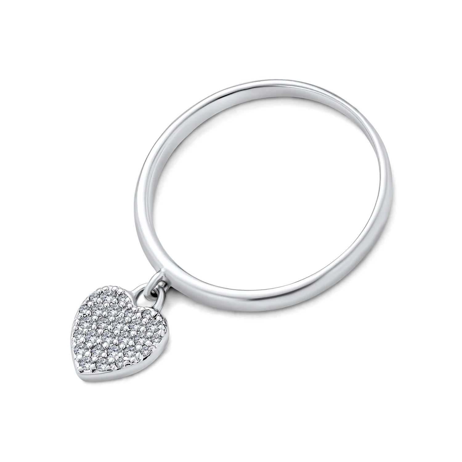 Simple Delicate Sterling Silver Pave Dangle Heart Charm Ring 1MM Thin Band - Image 2