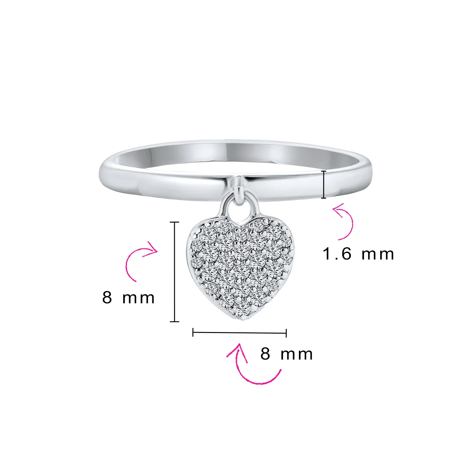 Simple Delicate Sterling Silver Pave Dangle Heart Charm Ring 1MM Thin Band - Image 4