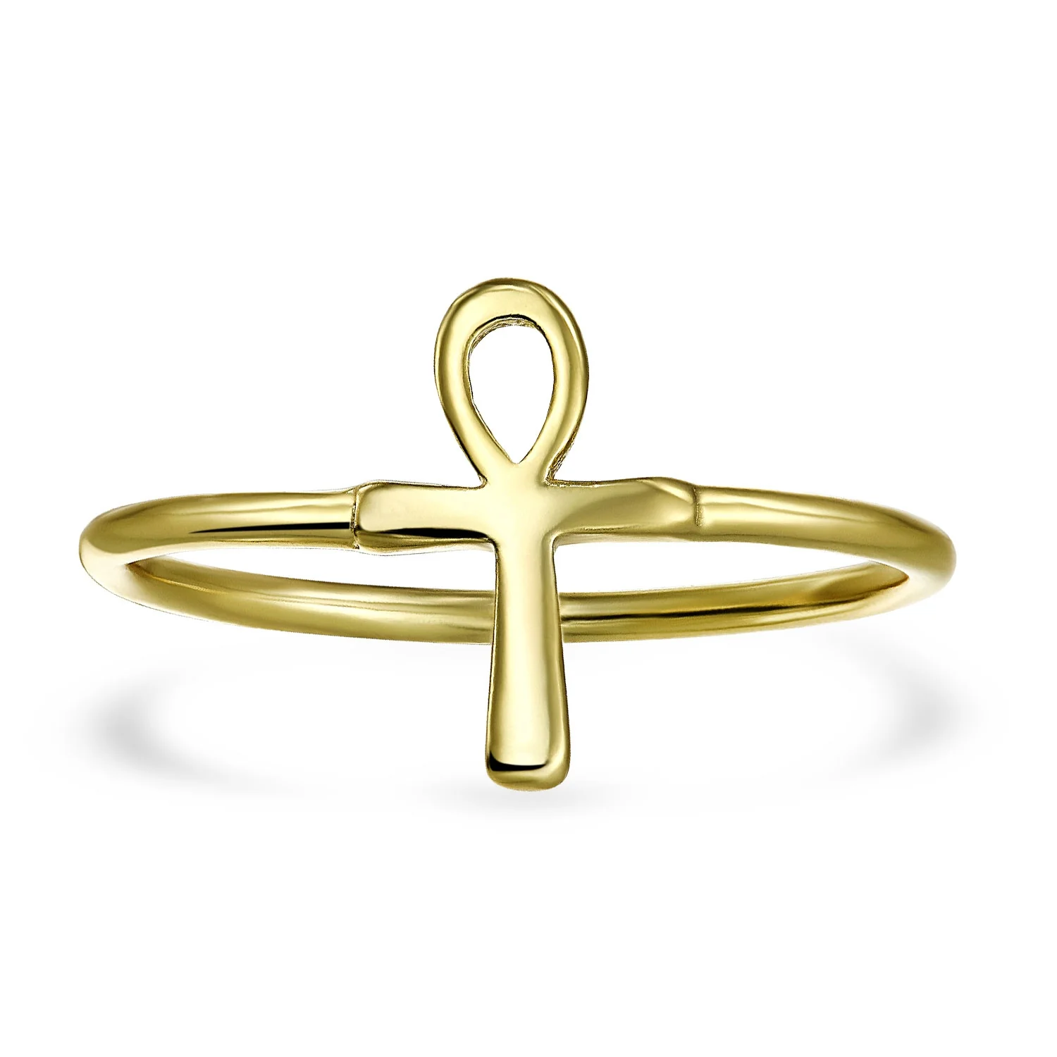 Minimalist Silver Ring with Egyptian Ankh Cross 14K Gold Plated Sterling Band - Image 2