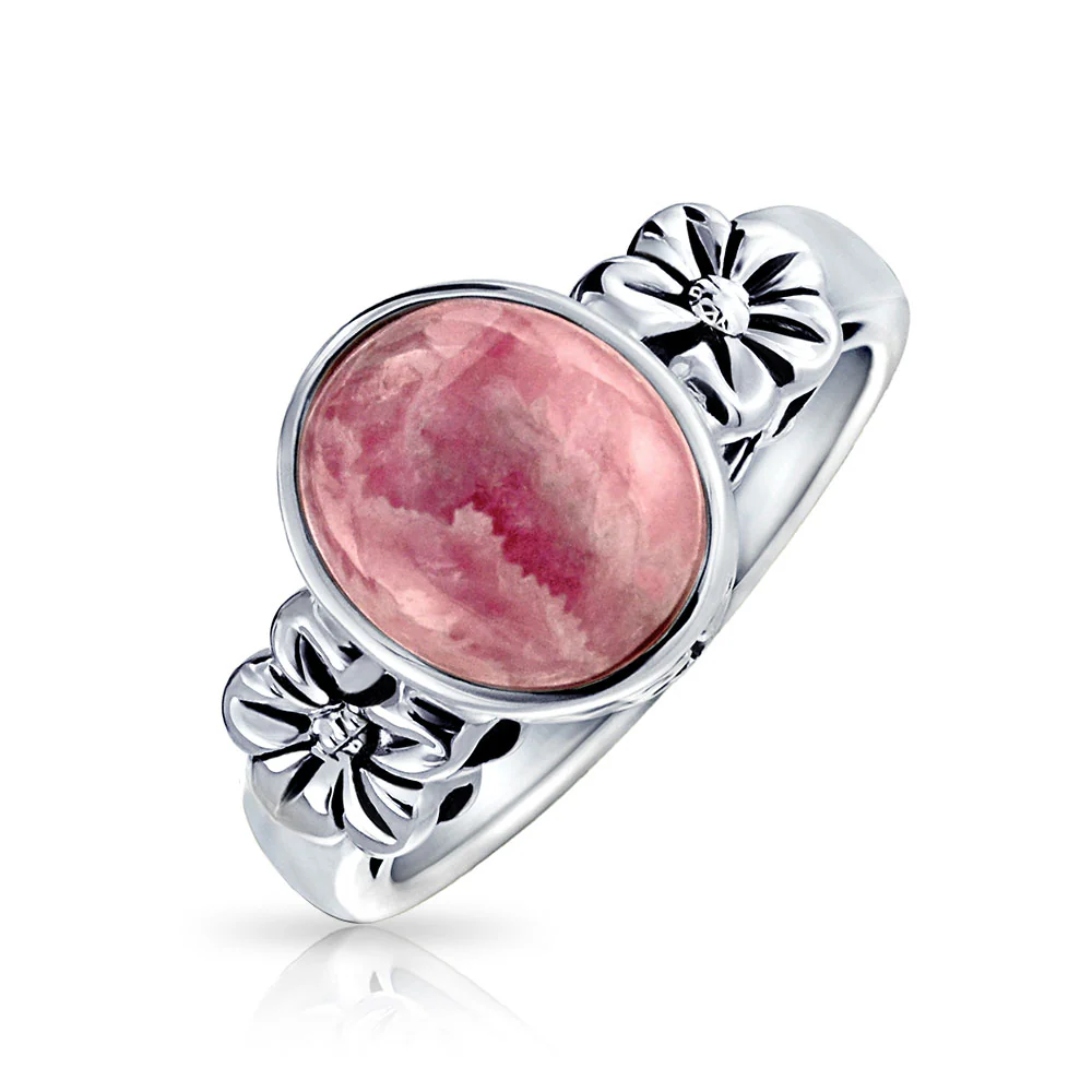 Bezel Set Oval Pink Natural Rhodochrosite Gemstone Ring Flower Band .925 Sterling Silver - Image 3