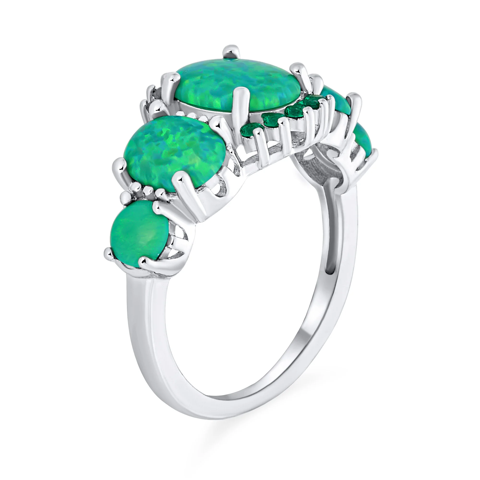 Silver Ring Green Created Opal 5 Stone Oval Half Eternity Band Sterling Silver - Image 2