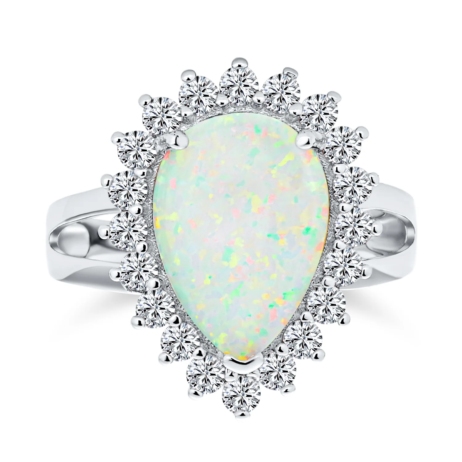Created White Opal 10CT Halo Teardrop Cocktail Statement Ring with Cathedral Setting Sterling Silver