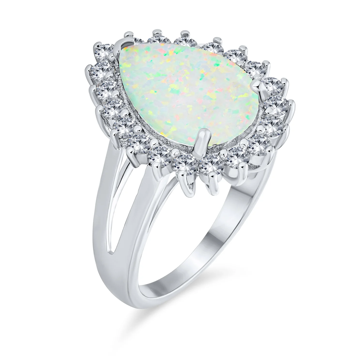Created White Opal 10CT Halo Teardrop Cocktail Statement Ring with Cathedral Setting Sterling Silver - Image 2