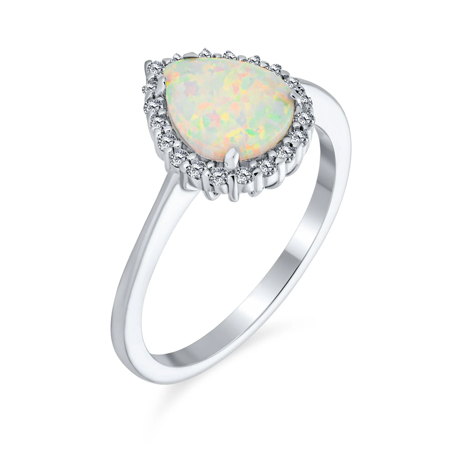 White Created Opal Cocktail Ring 3CTW Halo Pear Teardrop .925 Sterling Silver - Image 2