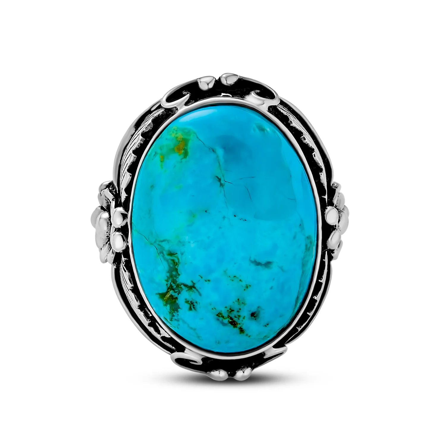 Southwestern Silver Ring with Leaf Design and Oval Turquoise Moonstone Gemstone