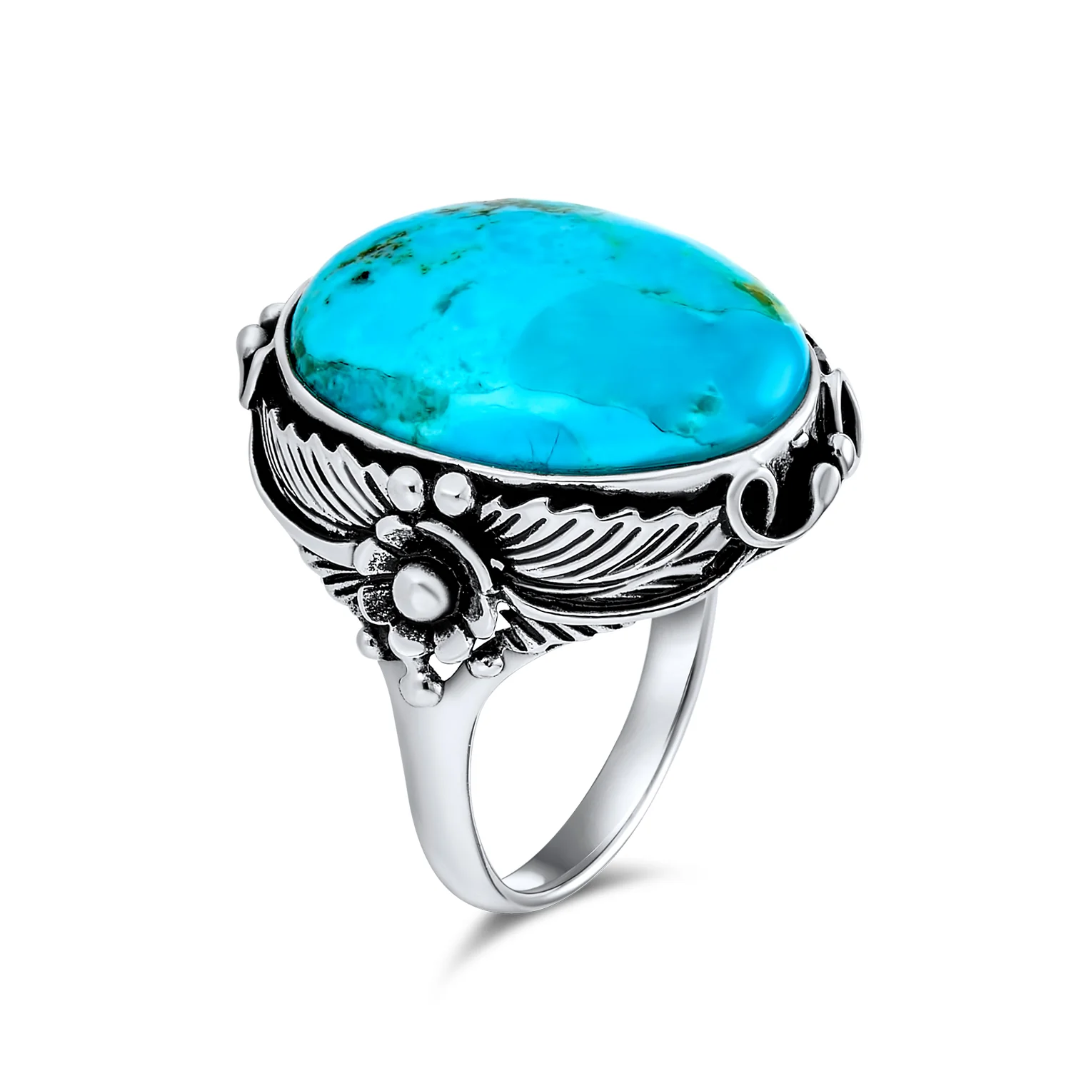 Southwestern Silver Ring with Leaf Design and Oval Turquoise Moonstone Gemstone - Image 3