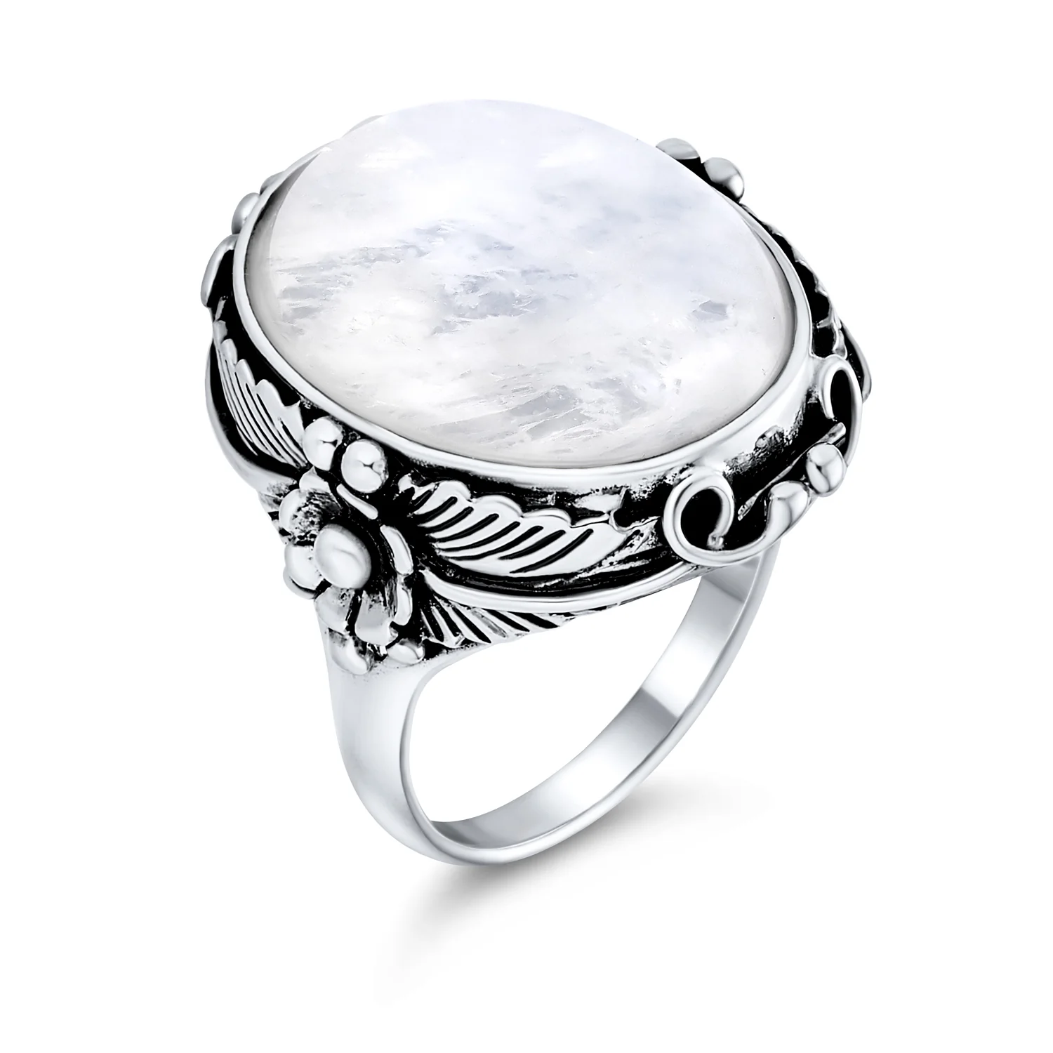 Southwestern Silver Ring with Leaf Design and Oval Turquoise Moonstone Gemstone - Image 4