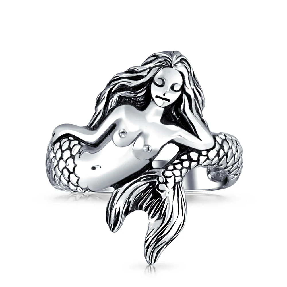 Nautical Mermaid Silver Ring with Oxidized Sterling Band - Image 11