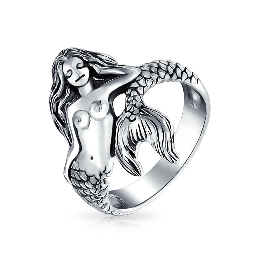 Nautical Mermaid Silver Ring with Oxidized Sterling Band - Image 3