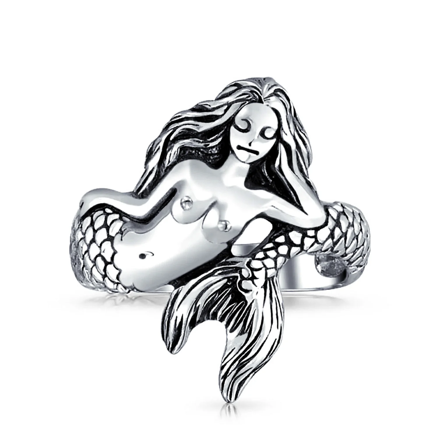 Nautical Mermaid Silver Ring with Oxidized Sterling Band - Image 5