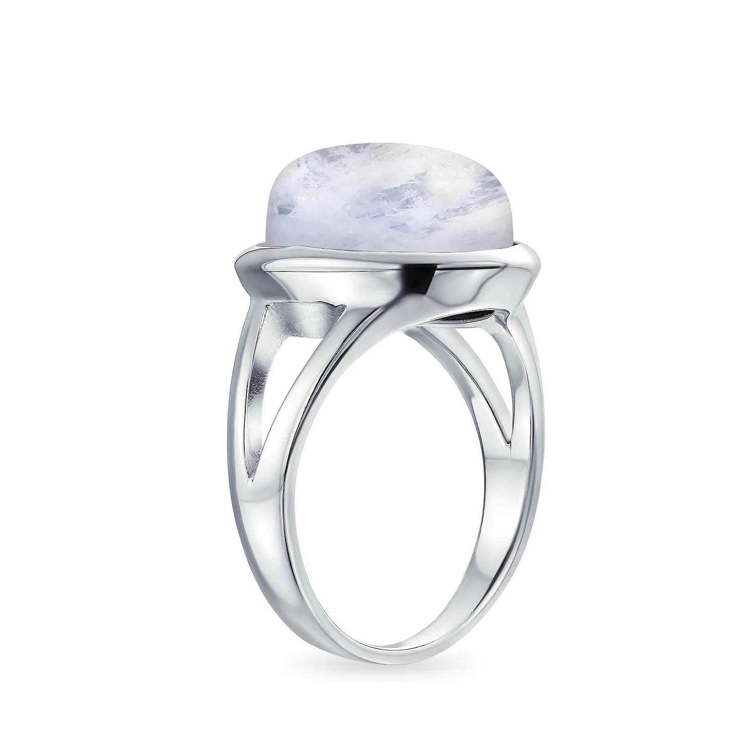 Oval Cabochon Moonstone Silver Ring with Split Shank Boho Statement Design - Image 5