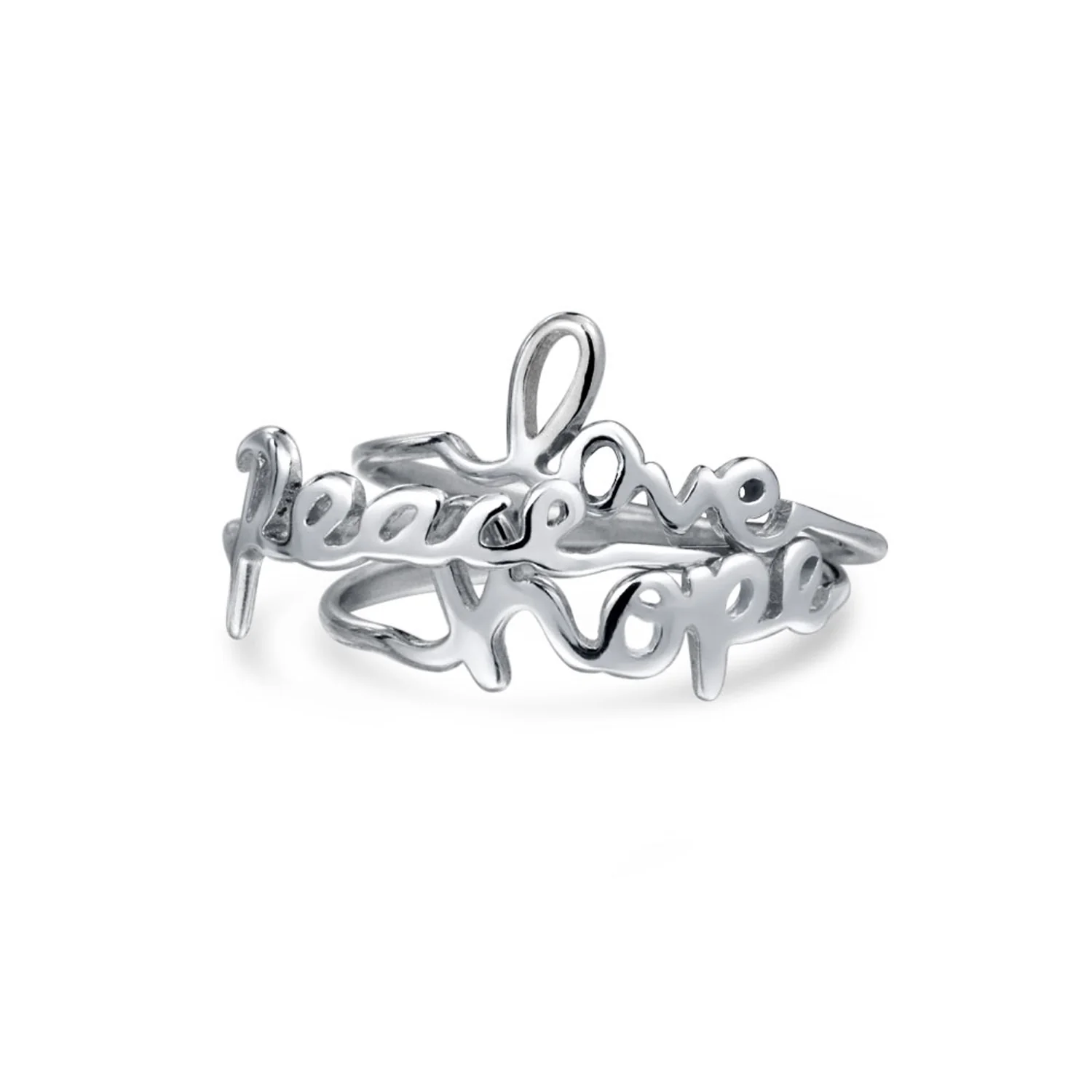 Set of 3 Inspirational Words Peace Love Hope Ring Set Sterling Silver - Image 2