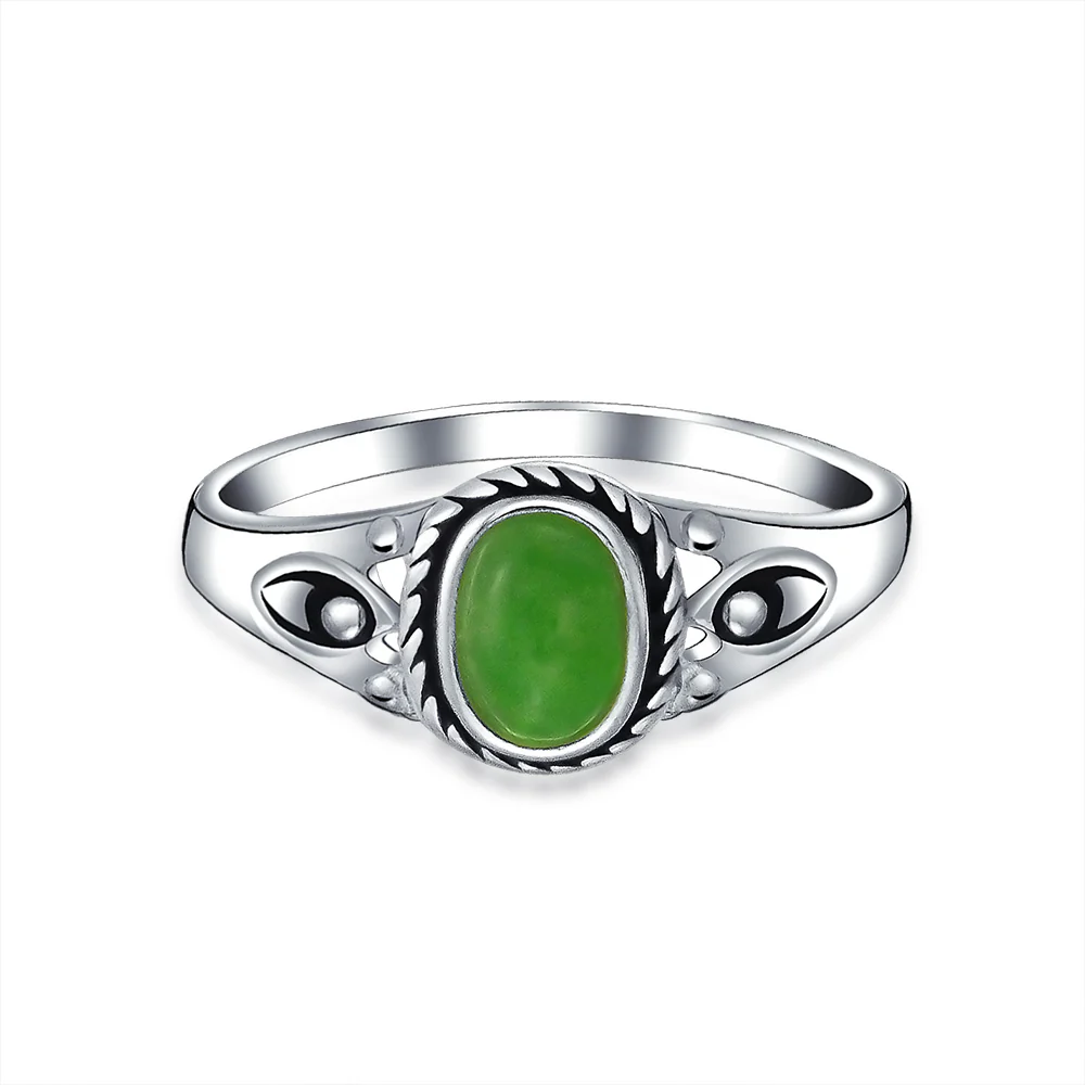 Petite Cabochon Boho Silver Ring Green Jade and Filigree Band August Birthstone - Image 2