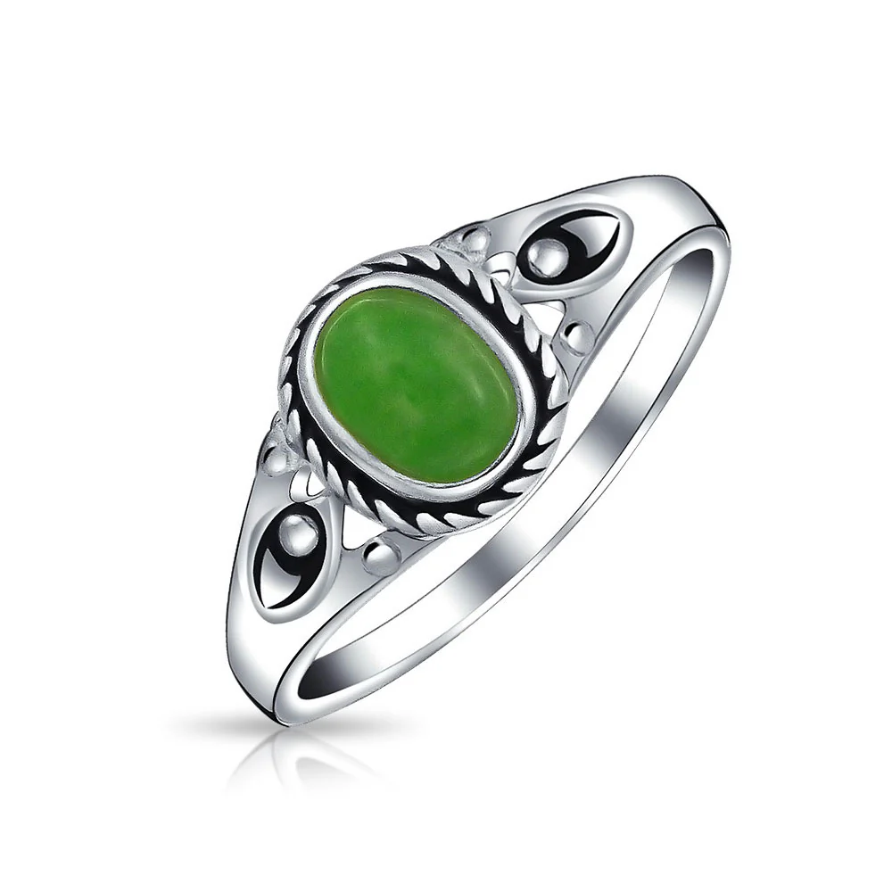 Petite Cabochon Boho Silver Ring Green Jade and Filigree Band August Birthstone - Image 6
