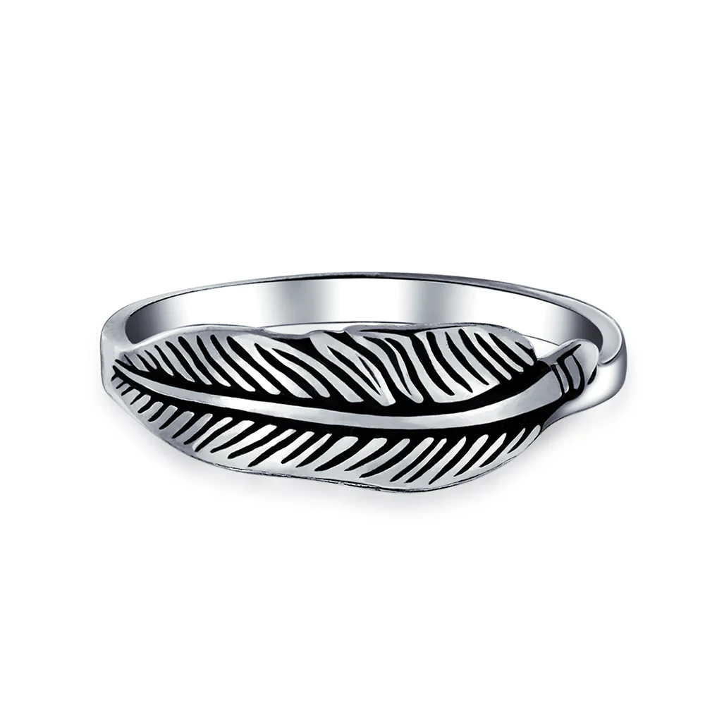 Southwestern Boho Feather Leaf Band Silver Ring Oxidized Sterling Jewelry - Image 4