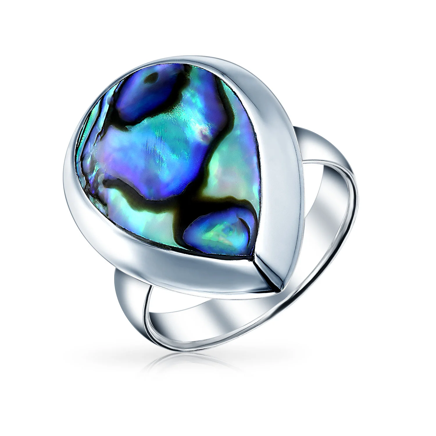 Silver Ring with Teardrop Bezel Rainbow Shell Abalone Boho Fashion Statement - Image 4
