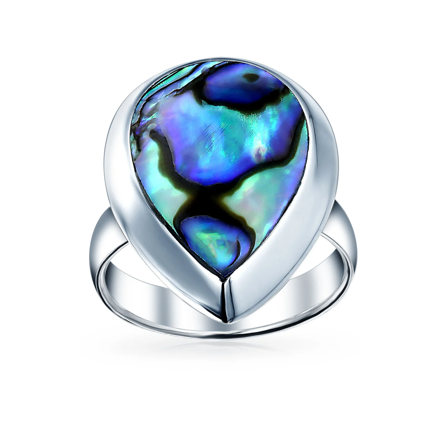 Silver Ring with Teardrop Bezel Rainbow Shell Abalone Boho Fashion Statement - Image 5